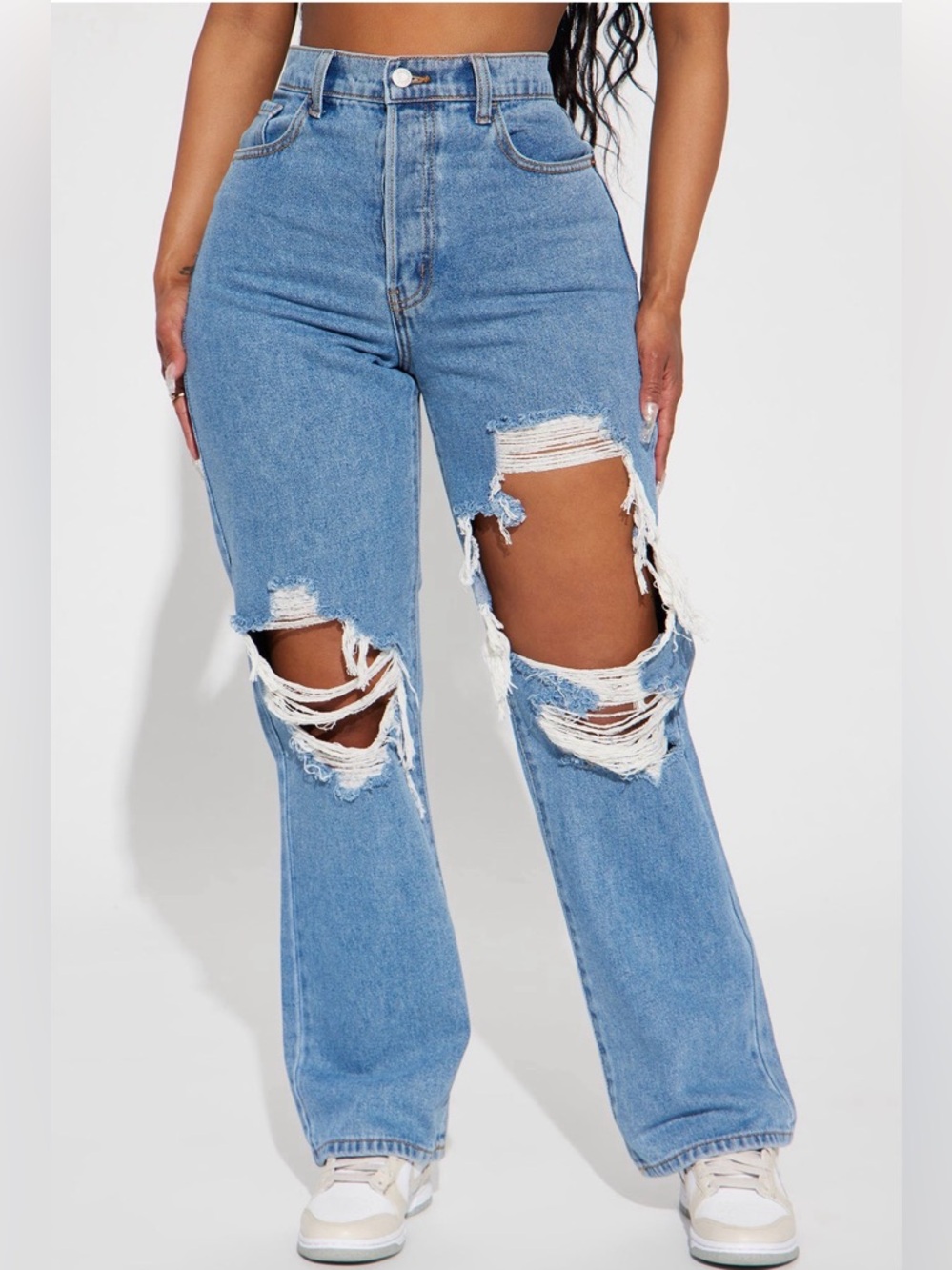 Drive You Crazy Ripped Non Stretch Straight Leg Jeans- mediumwash